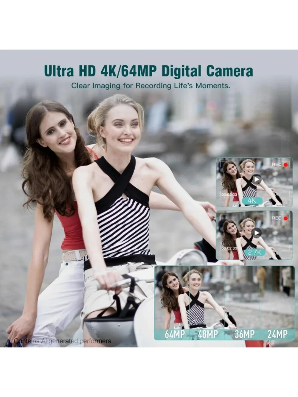 4K Vlogging Camera, 64MP Point & Shoot, 18X Zoom, Anti-Shake, Compact, Blush